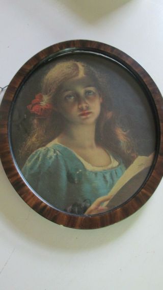 Antique Framed Print Young Girl Tin Oval Blue Dress Reading 1920s 11 " X 13 1/4 "