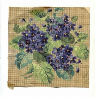 Antique Berlin Woolwork Hand Painted Chart Pattern Violets Round