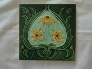 Antique English Art Nouveau Ceramic Tile Yellow Light & Dark Green 1900