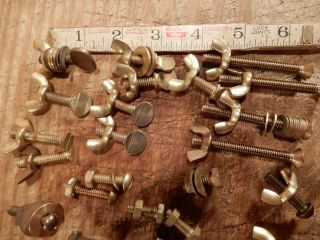 antique 1/4 - 20 machine bolts vintage brass thumb turn screws wing nut fastener 2