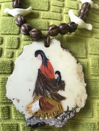 Vintage Rare Degrazia Mother Child Bird Resin Squash Blossom Necklace Signed