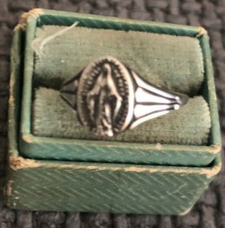 Vtg Antique Silver Miraculous Medal Virgin Mary Catholic Small Ring Communion