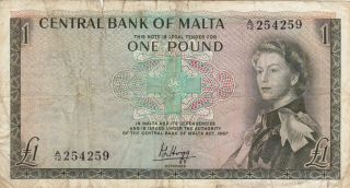 1 Pound Vg Banknote From Malta 1967 Pick - 29 Rare