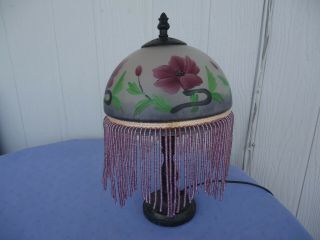 Antique Style Lamp Shade With Glass Tassels Hand Painted Purple Flowers 20cm