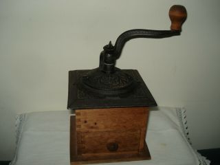 Vintage Antique Coffee Mill Grinder Dovetail Wood And Cast Iron