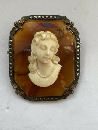 Rare Antique Silver Carved Lady Figure On Agate Marcasite Brooch - Good