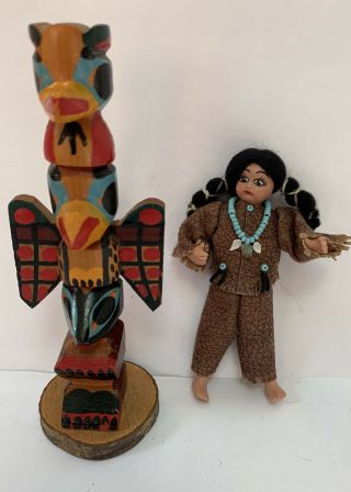 Miniature Dollhouse Artisan Native American Girl Dress Beads & Totem Pole 1:12