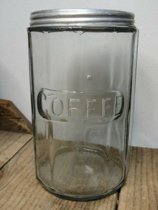 Antique Hoosier Cabinet Style Clear Glass Coffee Jar W/ Aluminum Top