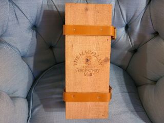 The Macallan Over 25 Years Old Anniversary Malt Whiskey Belted Wooden Box Rare