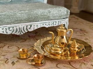 Vintage Miniature Dollhouse Bodo Hennig? Brass Tea Service Tray Teapot Cups