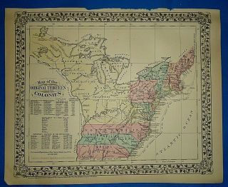 Vintage 1876 Atlas Map The 13 Colonies Of America Antique