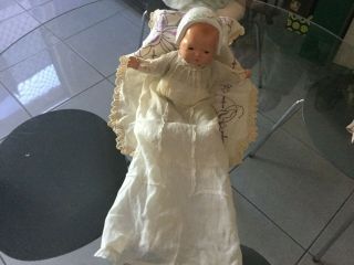 Antique Tynie Composition Head Baby Doll With A Molded Bonnet Ca 1930s.  26cm Ht