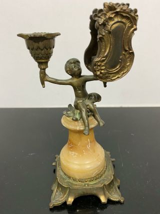Vtg Art Nouveau Footed Brass Cherub Putti Boy Candlestick Holder
