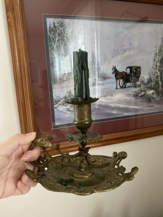 Antique Victorian Brass Ornate Chamberstick/candlestick Holder With Handle