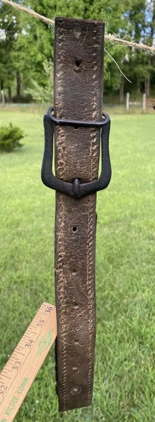 Antique Civil War Era Leather Belt & Iron Buckle Rare Rivet Repair