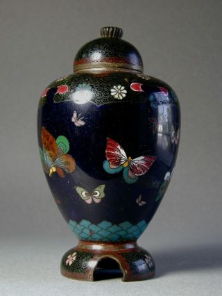 Japanese Meiji 19th Century Black Cloisonne Vase W/ Silver Or Silvered Wire