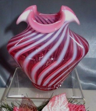 Fenton Glass ",  Perf Vintage 1950s " Cranberry " Opalescent " Spiral Optic " 5 " Vase