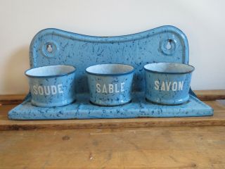 Antique French Enamelware Graniteware Blue Swirl Laundry Rack And Pots - Rare