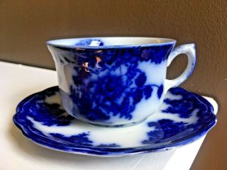 Antique Waldorf Wharf Pottery England Flow Blue Cup & Saucer Semi Porcelain