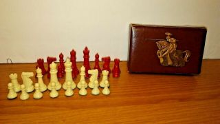 Vintage Chess Set Deluxe Craft Chicago Box Faux Leather Knight Rare Red White
