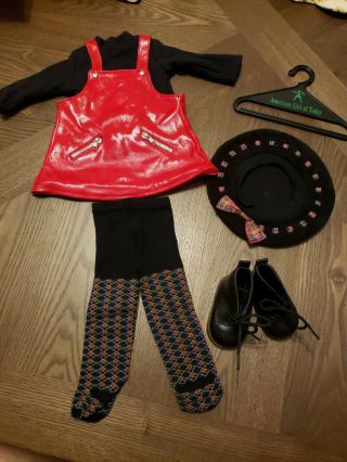 Rare Vintage American Girl 1998 Red Vinyl Jumper Outfit W/ Accs & Necklace