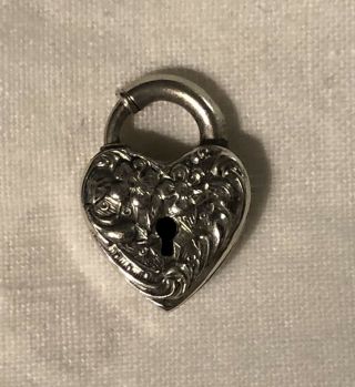 Antique Vintage Sterling Silver Puffy Heart Lock Clasp Charm Repousee Floral