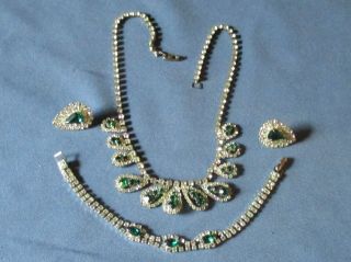 Vintage Silver - Tone Metal Green Clear Rhinestone Necklace Bracelet Earrings Set