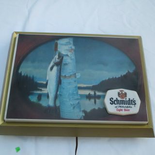 Vintage SCHMIDT ' S BEER ADVERTISING Light Sign Trout On Birch Tree Rare 2