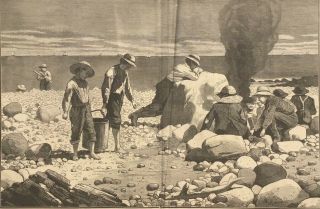 1873 Antique Engraving - Winslow Homer - " Sea - Side Sketches - A Clam - Bake "