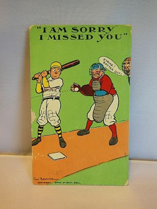 Antique Vtg " I Am Sorry I Missed You " Tom Browne Comic Baseball Postcard