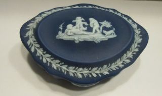 Antique Wedgwood Cobalt Blue Dipped Jasperware Trinket Box Scalloped Silver