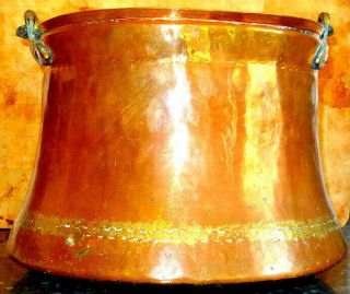 Rare Large Antique French Hand Beaten Banded Copper Cauldron C1800 