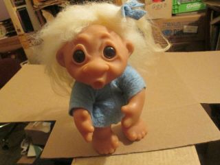 Vintage 1977 Thomas Dam Troll Girl Doll Made In Denmark Blue Dress And Bow 604