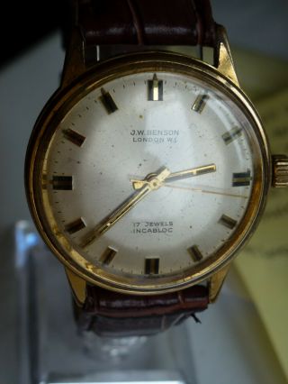 Rare J W Benson 17j Gents Vintage Gold Plated Hand Winding Watch Very Good