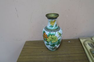 Vintage Antique Chinese Cloisonne Vase Floral Bird 9 " Enamel On Metal