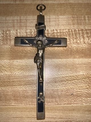 Large Antique Pectoral Crucifix Skull Crossbones Nun Priest Ebony Wood Silver