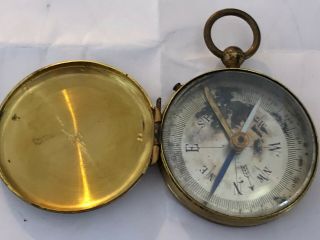 Antique Vintage Lidded Brass Pocket Maritime Compass - Made In France