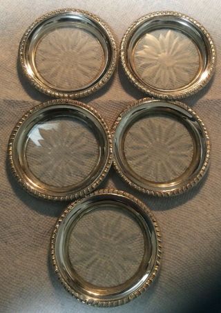 (5) Vintage Frank M.  Whiting Sterling Silver Cut Crystal Glass Coasters 3.  75”