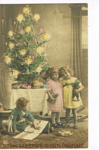 Antique Hungarian Tinted Christmas Postcard Children Holding Toys,  Xmas Tree