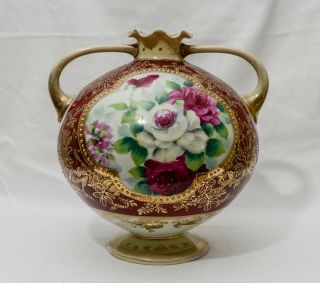Vintage Hand Painted Porcelain Vase With Roses - 8 " Tall