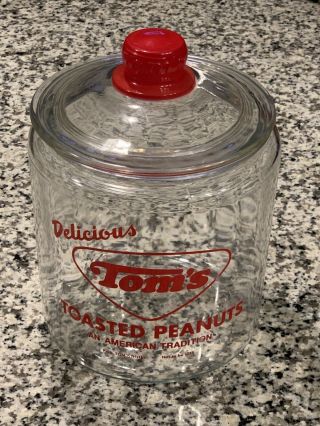 Toms Toasted Peanut Jar Vintage Glass Store Counter Display Antique Rare Red