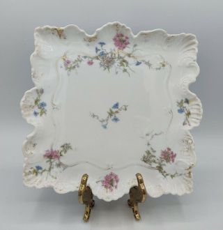 Antique Cfh Gdm Limoges Porcelain Square Plate Pink & Blue Flowers Gold Details
