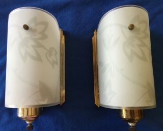 Pair Art Deco Brass Wall Sconce Fixtures Slip Shade Floral Frosted Etched Vtg