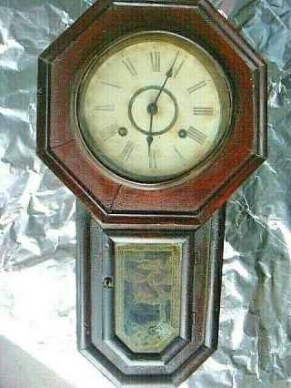 Antique 8 Day Regulator Style Wall Clock Glass - No Key Or Pendulum
