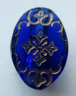 Brilliant Antique Vtg Victorian Cobalt Blue Glass Button W/ Gold Luster (b)