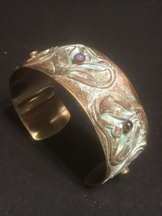 Vtg / Antique Art Nouveau / Deco Brass Cuff Bracelet - Signed -