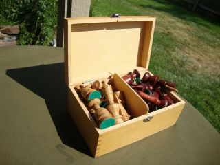 Vintage/antique Hand Carved Wooden Chess Set In Wood Box Oriental Complete