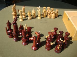 Vintage/Antique Hand carved Wooden Chess Set in wood box Oriental Complete 3