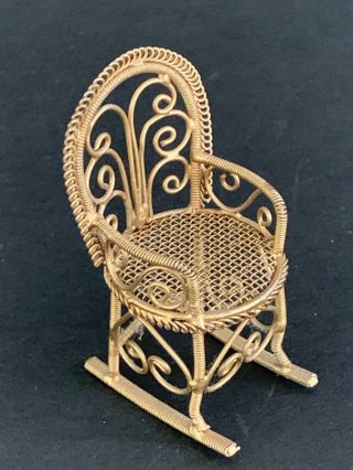 Vintage Ornate Metal Dollhouse Miniature Furniture Rocking Chair Cane Mesh Rare