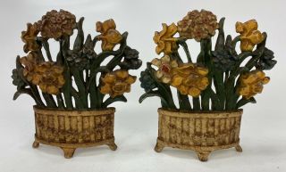 Rare Antique Vtg Cast Iron Flowers In Basket Planter Door Stops - Estate Find